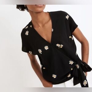 Madewell Black Sash Tie Wrap Blouse in Lazy Daisies S